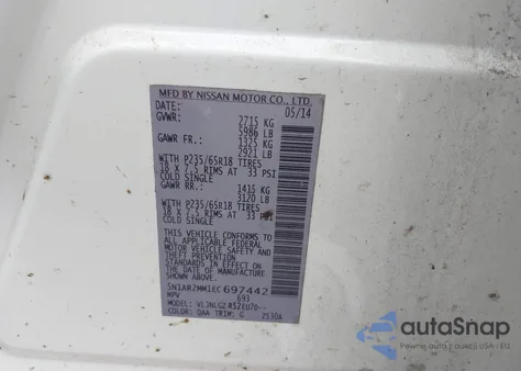 2014 Nissan Pathfinder Sl из США, поврежденный, VIN 5N1AR2MM1EC697442